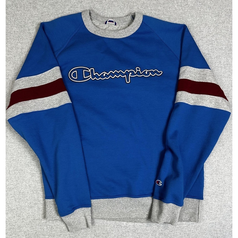 Champion Sweatshirt Mens L Blue Gray Crewneck Raglan Pullover Embroidered Retro